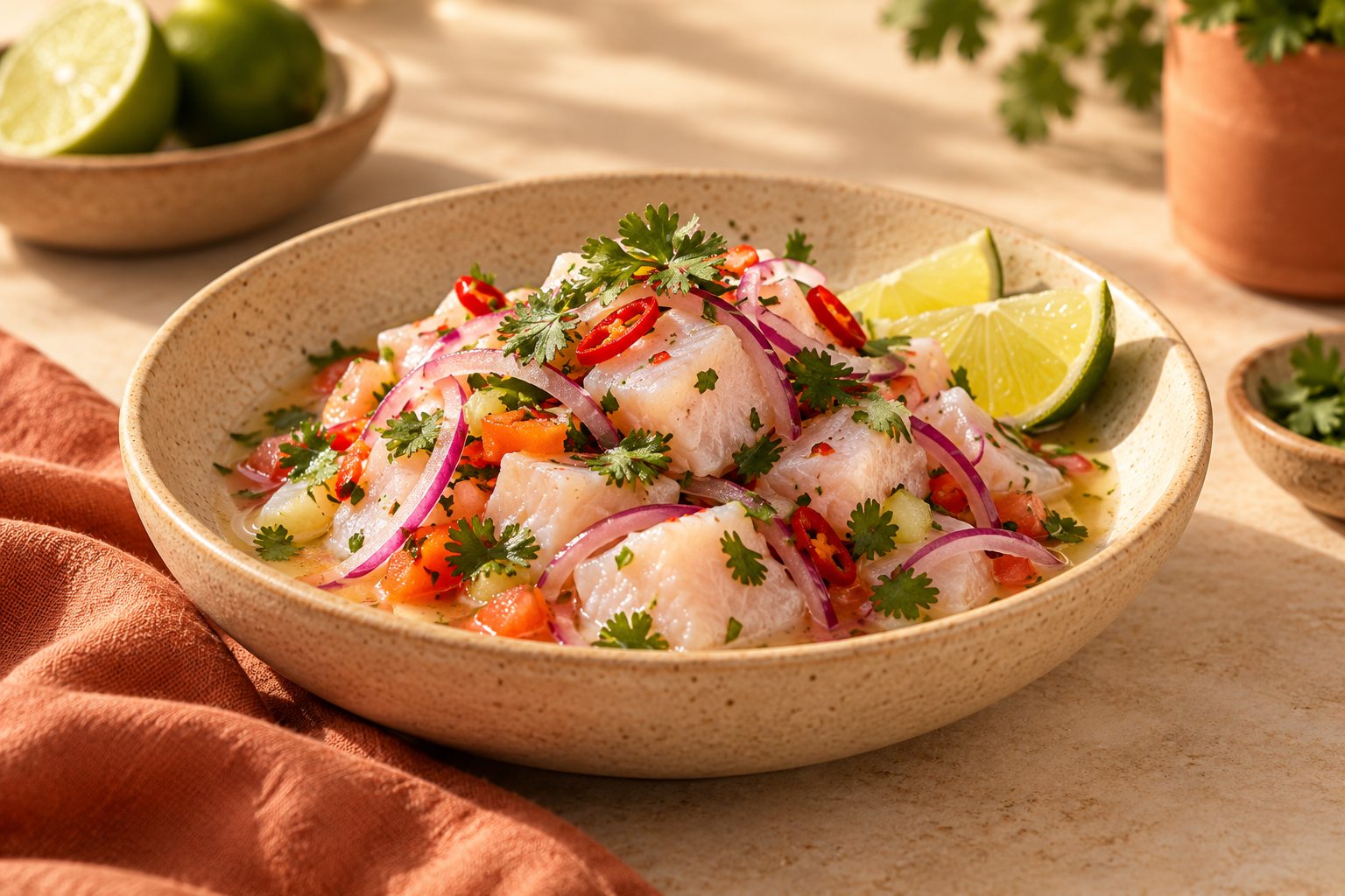 Ceviche de pescado con cebolla morada, cilantro, ají y limón